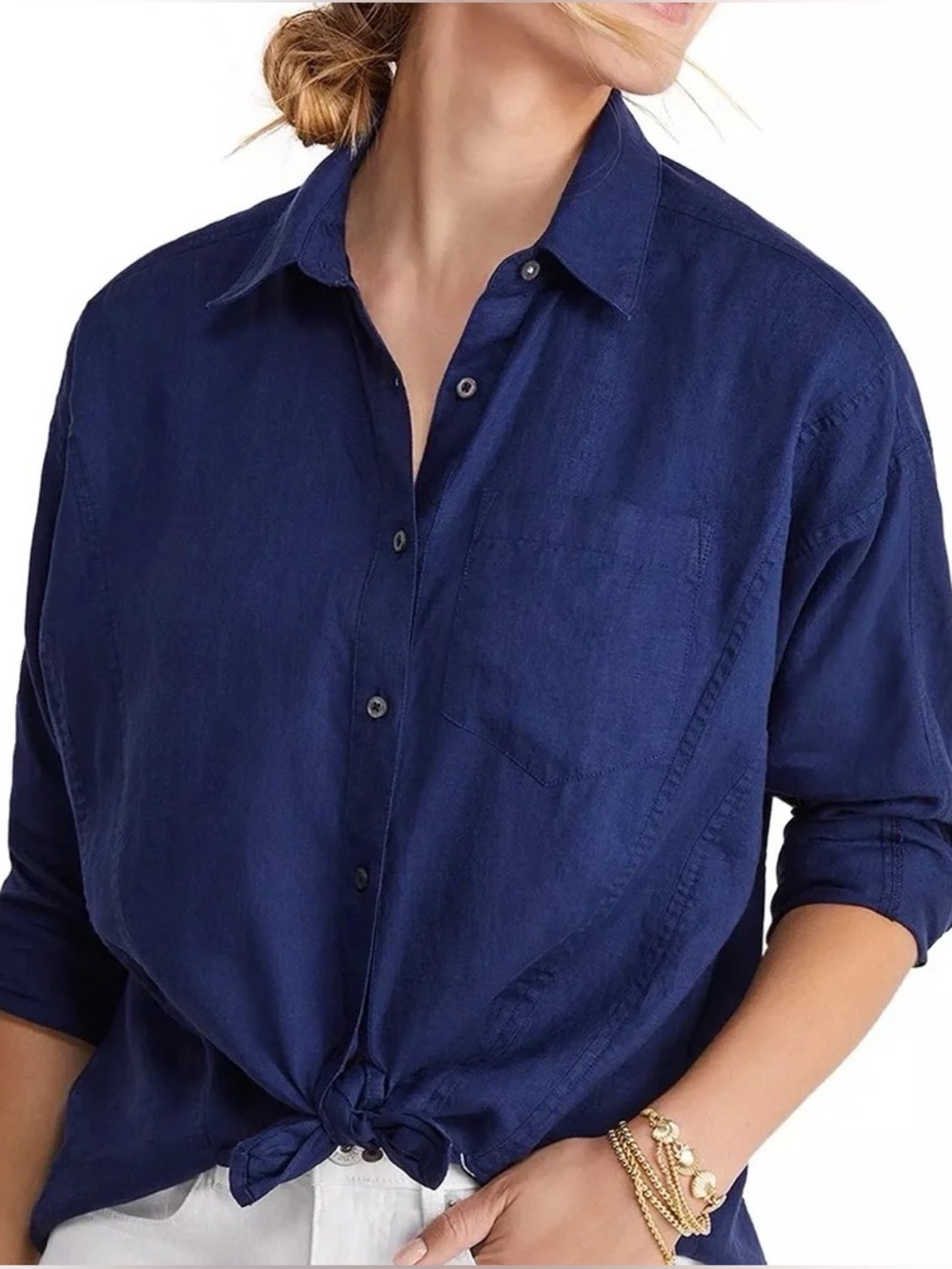 Vineyard Vines Oversized 100% Linen Button Down, Navy Blue, size 10